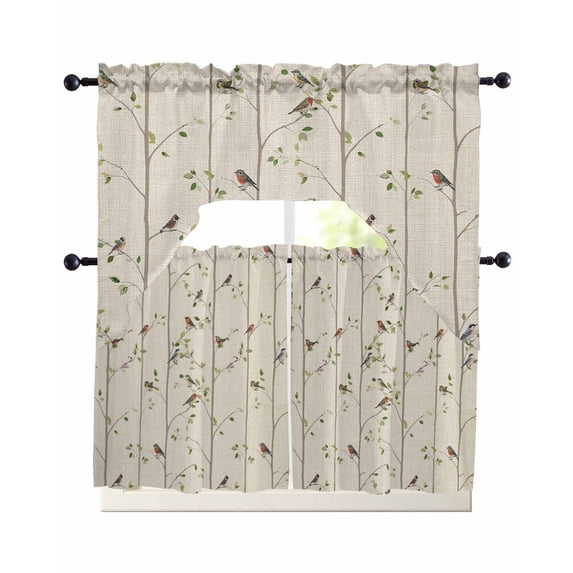 Sparrow Swag Kitchen Curtains Sets for Windows 24 Inch Length, Spring Birds on The Branches Retro Country Beige Short Window Curtain Panels Swags Valances and Tiers 3 Piece Set for Cafe/Dining Room
