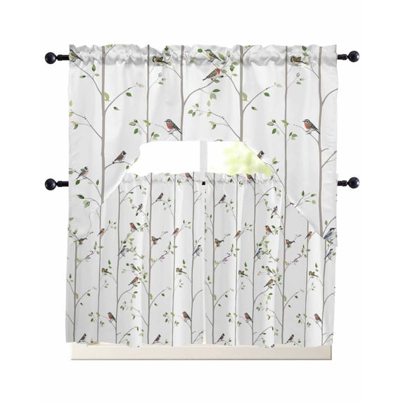Sparrow Swag Kitchen Curtains Sets for Windows 24 Inch Length, Spring Birds on The Branches Vintage Country Short Window Curtain Panels Swags Valances and Tiers 3 Piece Set for Cafe/Dining Room