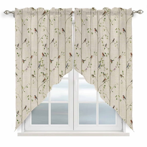 Sparrow Swag Valances for Windows 2 Pack, Kitchen Window Curtains 36 Inch Length, Spring Birds on The Branches Retro Country Beige Privacy Swag Curtains for Living Room/Bathroom 36"x36"