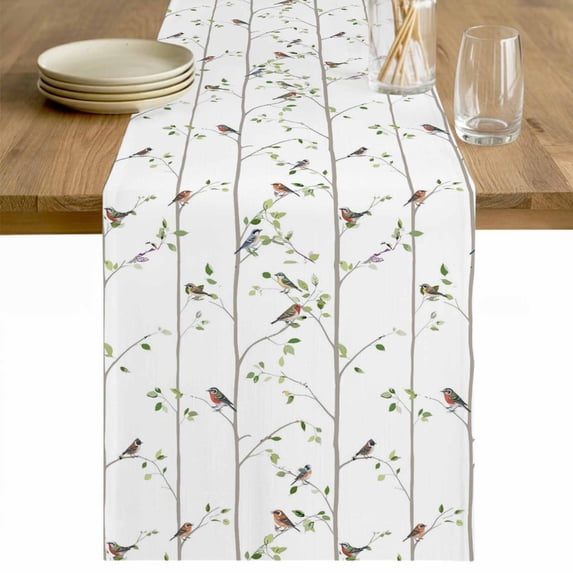 Sparrow Table Runner - 108 Inch Long Spring Birds on The Branches Vintage Country Cotton and Linen Blended Dress Scarves Farmhouse Table Runner for Kitchen Dining, Coffee Table, 13" x 108"