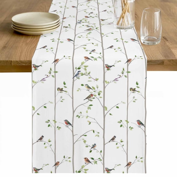 Sparrow Table Runner - 36 Inch Long Spring Birds on The Branches Vintage Country Cotton and Linen Blended Dress Scarves Farmhouse Table Runner for Kitchen Dining, Coffee Table, 13" x 36"