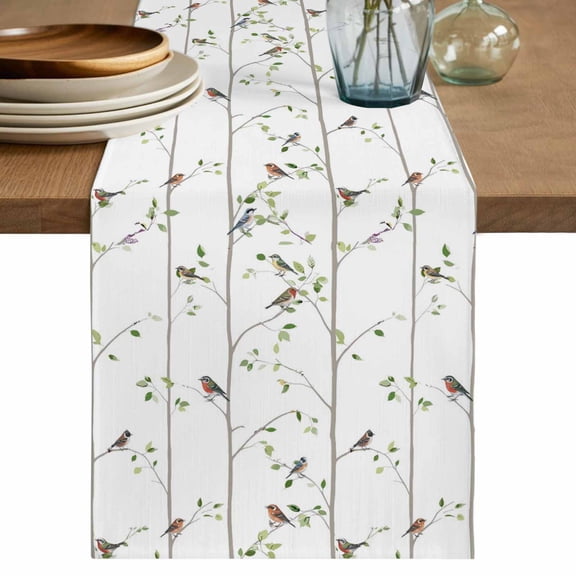 Sparrow Table Runner, Spring Birds on The Branches Vintage Country Washable Cotton Linen Table Runners 72 Inches Long, Dresser Scarf Runner for Dining Tables/TV Stands/Coffee/Cabinets 18''x72''
