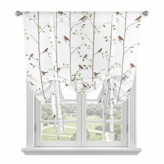 Sparrow Tie Up Curtains 45 Inches Long, Kitchen Window Curtains Over Sink, Spring Birds on The Branches Vintage Country Small Window Curtains Shade Balloon Curtains Valances for Bedroom/Cafe 34"x45"