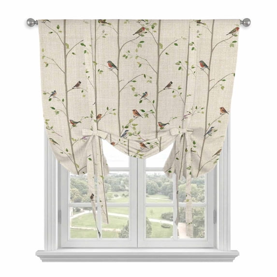 Sparrow Tie Up Curtains for Windows, Adjustable Balloon Window Shades, Spring Birds on The Branches Retro Country Beige Kitchen Window Treatments Farmhouse Short Curtains with Rod Pocket 42"x45"