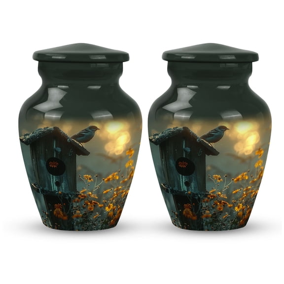 A Sparrow's Haven Amongst Golden Blooms - Elegant Mini Urn for Adult Female Ashes - Compact Decorative Memorial Keepsake - Classic Urn - Memorial Gifts - 3 Inch, Set Of 2