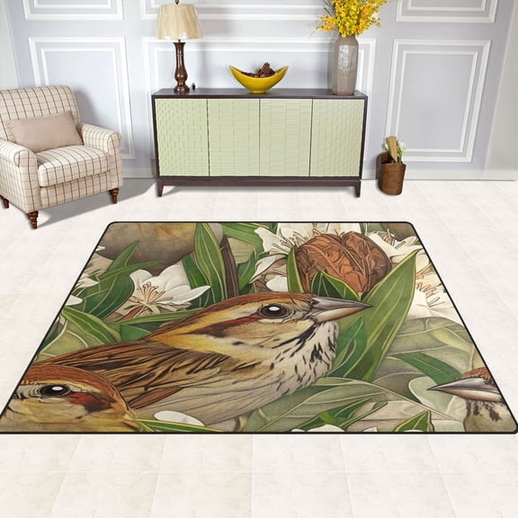Sparrows and Blossoms 80''x58'' Extra Large Plush Memory Foam Rug, Soft, Absorbent, Non Slip