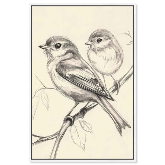 Sparrows in Soft Lines I Canvas Animal Line Art by Art Remedy, White Frame, 30" x 45"
