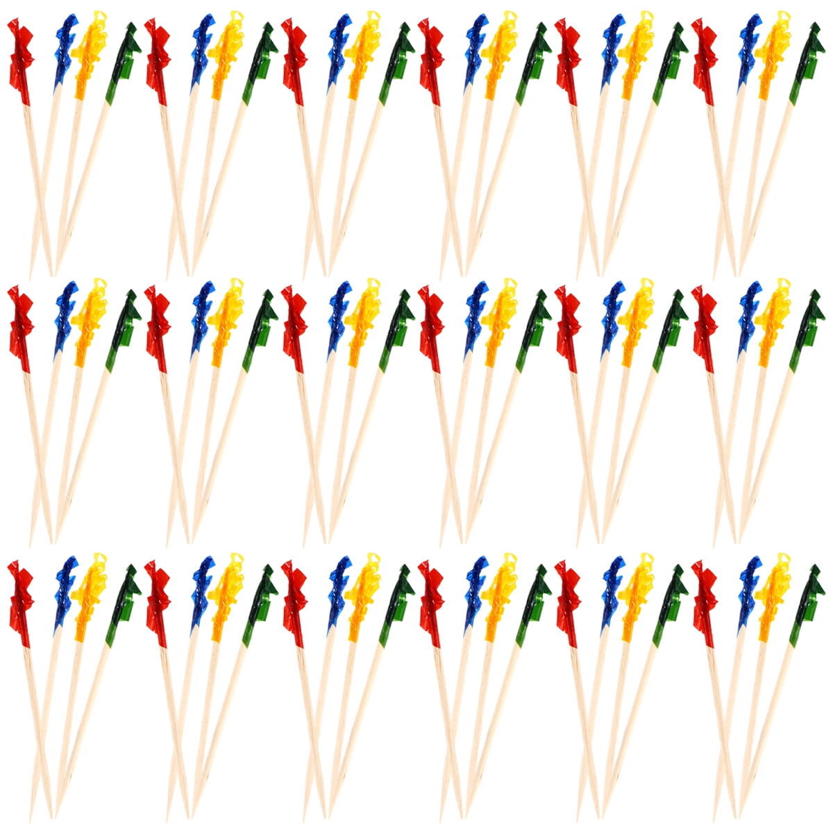 Sparsain 100Pcs Bamboo Fruit Picks with Colorful Plastic Strip Cocktail Toothpicks Fruit Sandwich Picks Party Supplies