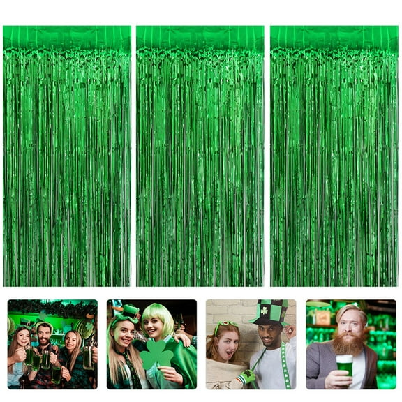 Sparsain 3 Pack Festival Party Backdrop Green Tinsel Foil Fringe Curtain