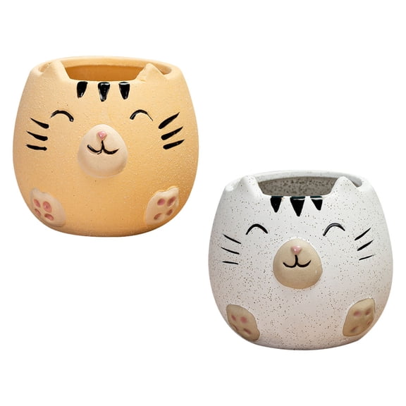 Sparsain Cat Ceramic Flower Pot, Living Room Balcony Flower Pot Ornaments (Yellow + White) 2pcs
