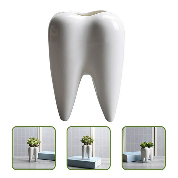 Sparsain Ceramic Tooth Shape Desktop Vase, Small Decorative Molar Flower Pot for Plants