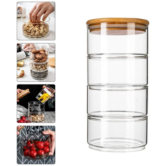 Sparsain Set of 4 Stackable Glass Jars with Lid, Storage Bowl, Fruit Salad Bowls for Family