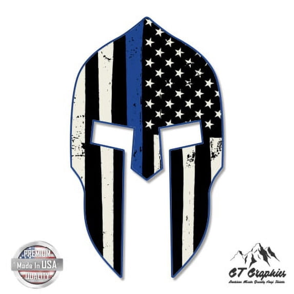 Spartan Helmet Thin Blue Line Flag Grunge - 12" Vinyl Sticker Waterproof Decal