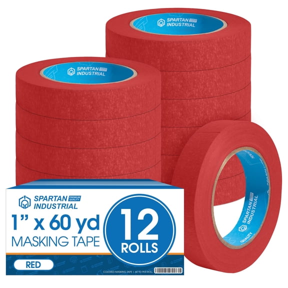 Spartan Industrial - 1" X 60 yd Red Masking Tape - 12 Colored Tape Rolls for Bundling, Labeling, and More - No Residue, 5.5 Mil