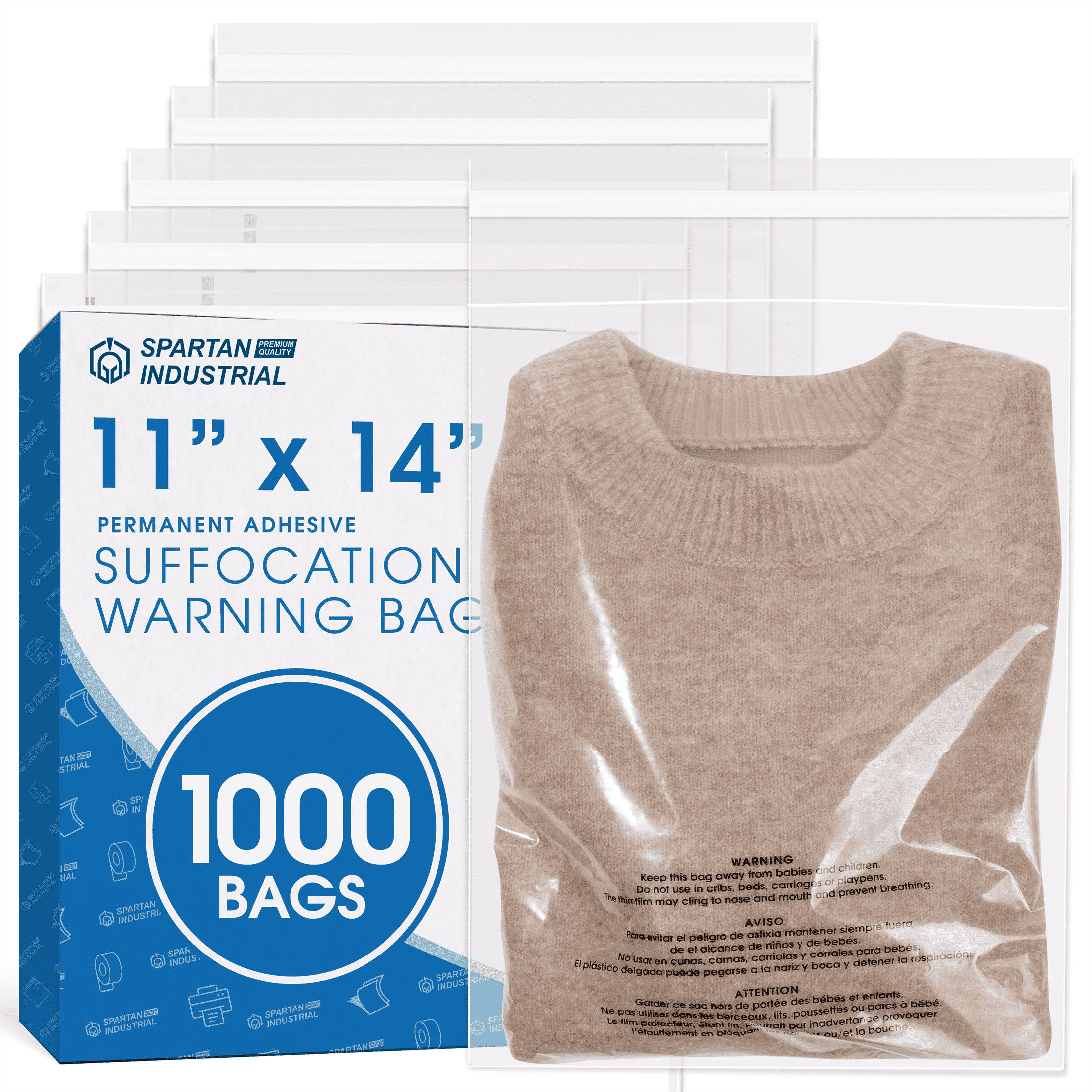 Spartan Industrial - 11” X 14” (1000 Count) Clear Poly Bags With Suffocation Warning and Permanent Self Seal