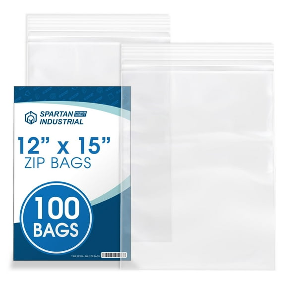 Spartan Industrial - 12” X 15” (100 Count) Quart Clear Reclosable Zip Plastic Poly Bags with Resealable Lock Seal Zipper - 2 Mil