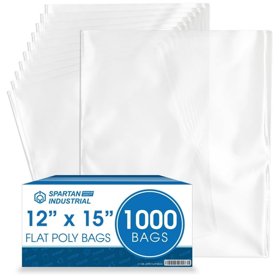 Spartan Industrial - 12” X 15” (1000 Count) 1.1 Mil Flat Open End Clear Plastic Poly Bags - For Proofing Bread Dough, Packaging Clothes, Shirts (Thin & Lightweight - Bags DO NOT Have Seal & Prints)