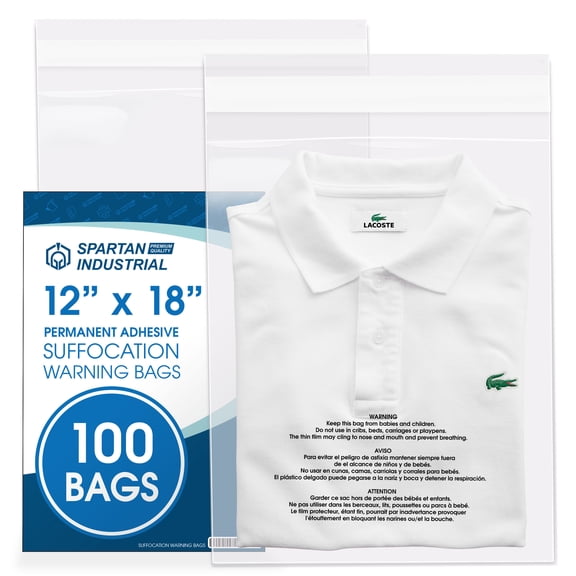 Spartan Industrial - 12” X 18” (100 Count) Self Seal Clear Poly Bags with Suffocation Warning for Packaging, Clothes - Permanent Adhesive