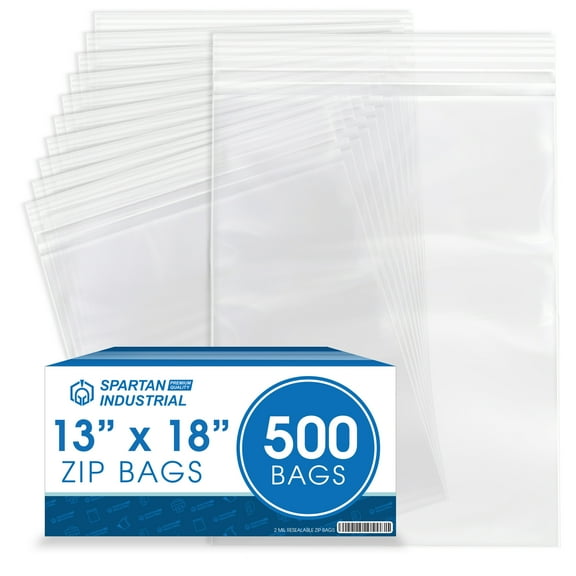 Spartan Industrial - 13” X 18” (500 Count) 2 Mil Clear Reclosable Zip Plastic Poly Bags with Resealable Lock Seal Zipper