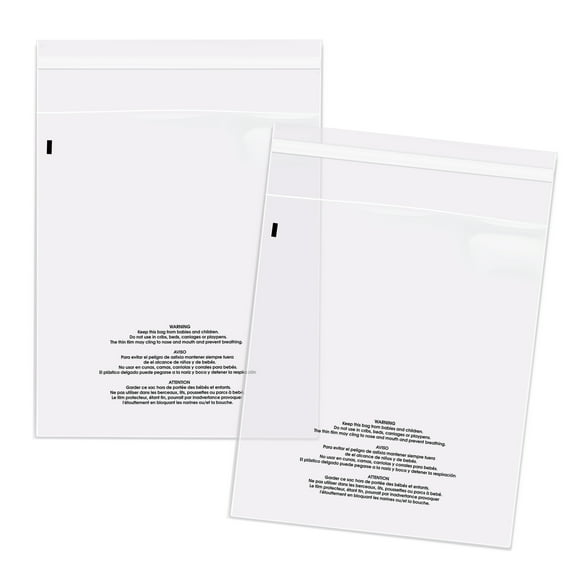 Spartan Industrial - 14” X 20” (100 Count) Self Seal Clear Poly Bags with Suffocation Warning for Packaging, Clothes - Permanent Adhesive