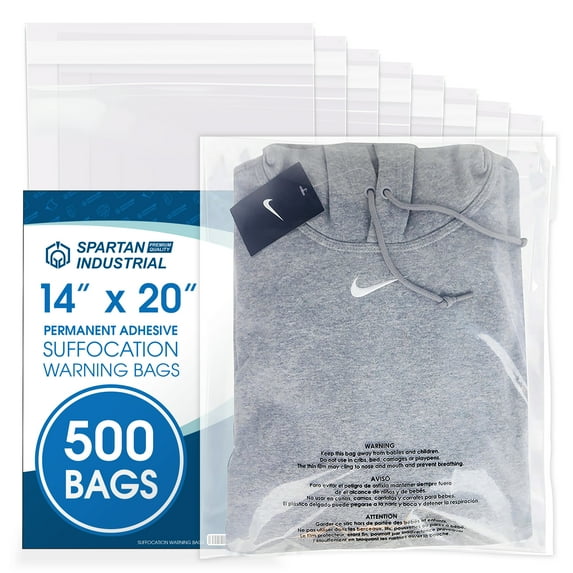 Spartan Industrial - 14" X 20" (500 Count) Self Seal Clear Poly Bags with Suffocation Warning for Packaging, Clothes & FBA - Permanent Adhesive