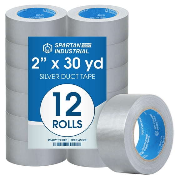 Spartan Industrial - 2" X 30 yd Silver Duct Tape - 12 No-Residue Tape Rolls for Heavy Duty Industrial, DIY, Auto Projects - Water-Resistant 9 Mil