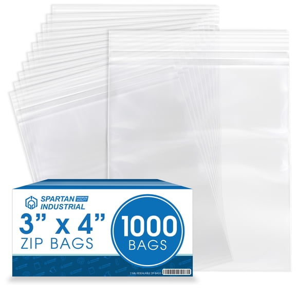 Spartan Industrial - 3” X 4” (1000 Count) 2 Mil Clear Reclosable Zip Plastic Poly Bags with Resealable Lock Seal Zipper