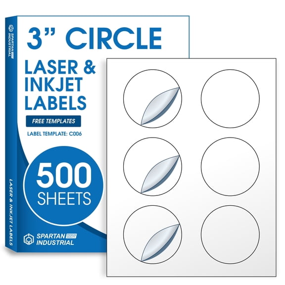 Spartan Industrial Printable Circle Laser Label - 3" Round - White, 500 Sheets, 3000 Total Labels | Multipurpose Label Ideal for Custom Projects, Product Labeling Organization | Inkjet/Laser Printer