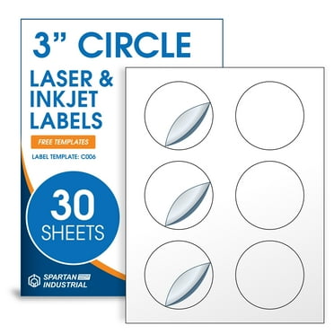 Spartan Industrial Printable Laser and Inkjet Labels - 3" White Circle Labels - 30 Sheets, 180 Total Labels for Custom Projects, Product Labeling, Organization
