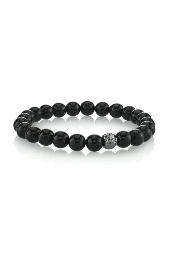 Spartan Men's 8mm Black Agate Beaded Bracelet with Decorative 925 Sterling Silver Connecting Bead