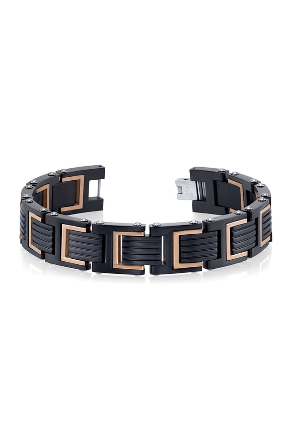 Spartan Men's Black Stainless Steel Bracelet with Carbon Fiber and Rose Gold Accents