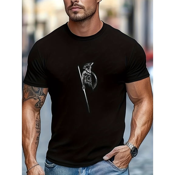 Spartan Warrior Print Men's Casual Crew Neck T-Shirt