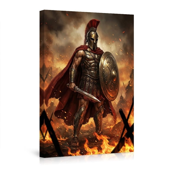 "Spartan Warrior on Battlefield" Canvas Wall Art, Epic Fantasy Greek Warrior Illustration, Bold Historical Decor for Man Cave, Office & Modern Home