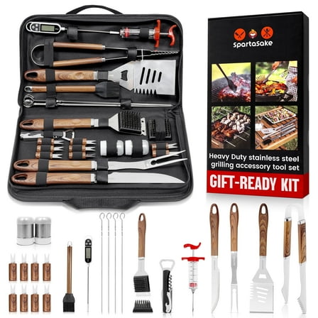 SpartaSake 24-Piece Stainless Steel BBQ Grill Tool Set with Case, Spatula, Tongs, Brush, Grill Cleaner, Barbecue Outdoor Utensils