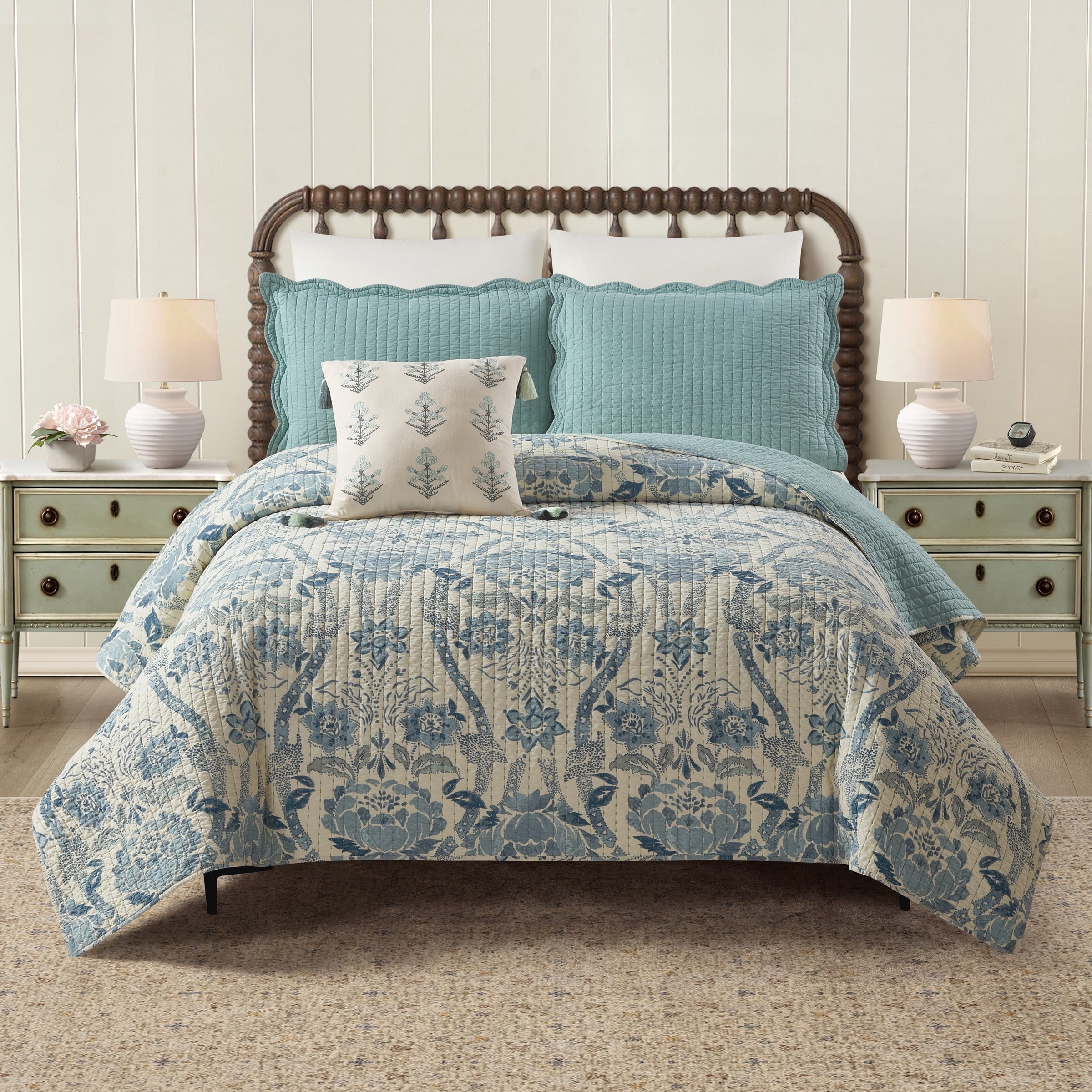 Spartina 449 Mystic Moss 3-Piece Cotton Damask Quilt Set, Full/Queen