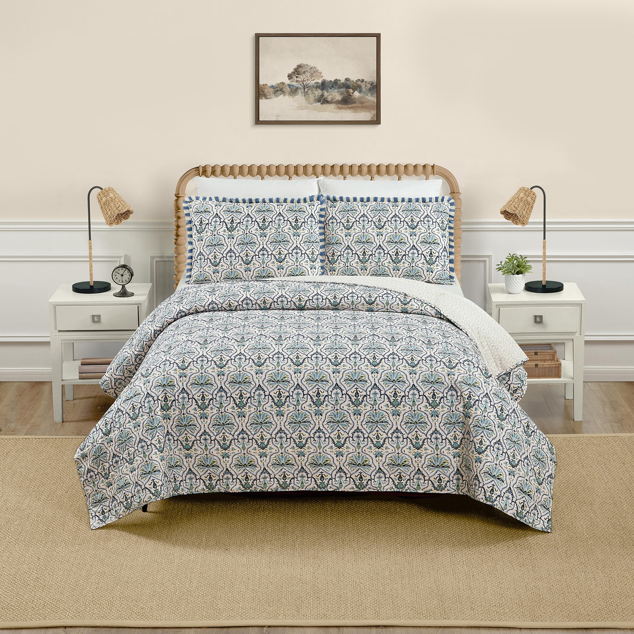 Spartina 449 Hamilton 3-Piece Reversible Cotton Quilt Set, Cream/Blue, King