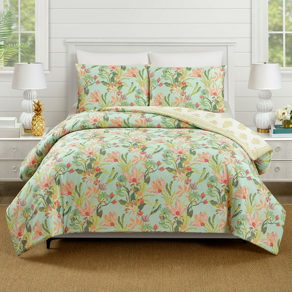 Spartina 449 Queenie Tropical 3-Piece Cotton Sateen Comforter Set, Seafoam Green, King