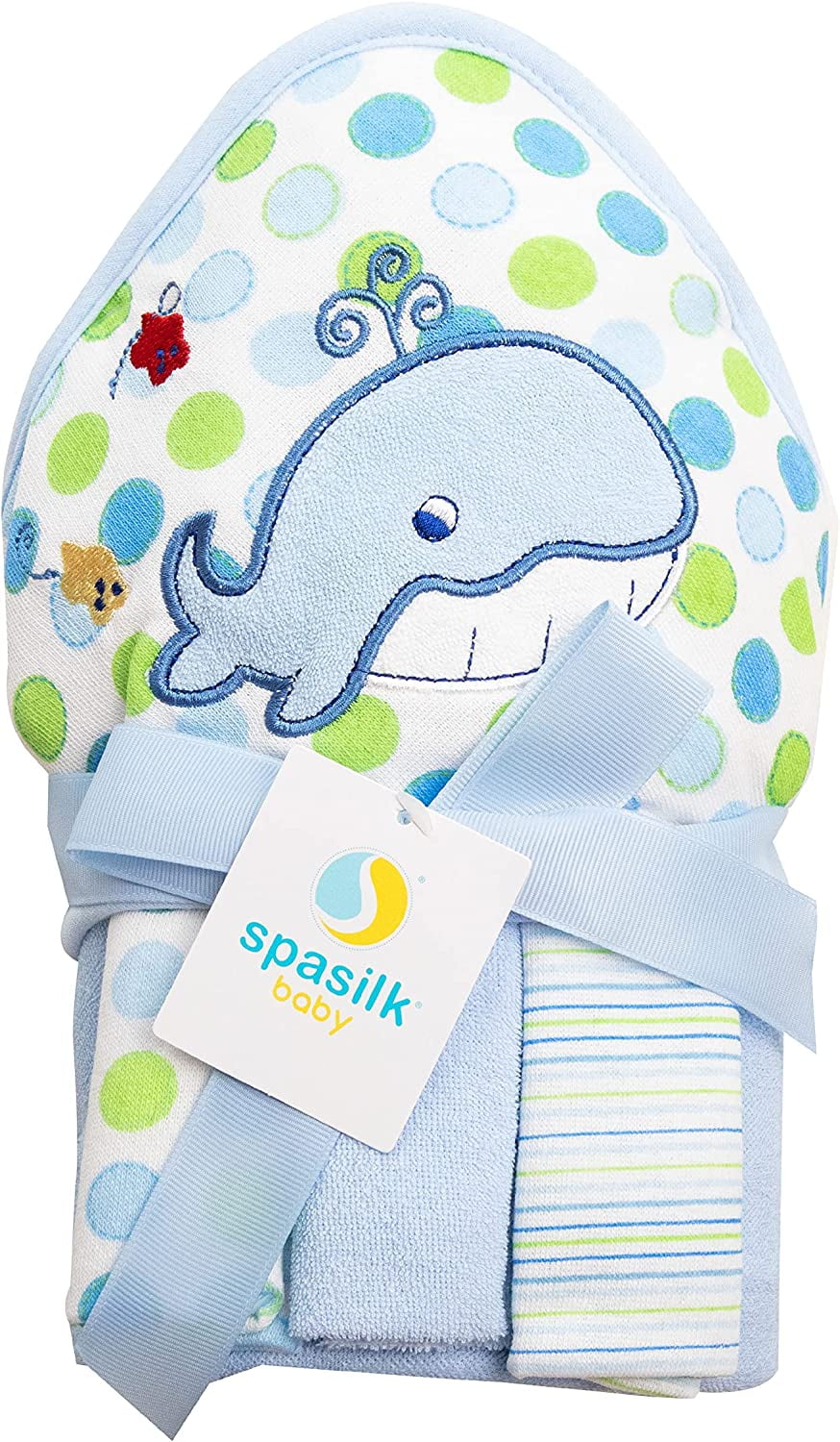 Spasilk Baby 1 Hooded Terry Towel 3 Washcloths Set for Baby Boys Blue Whale