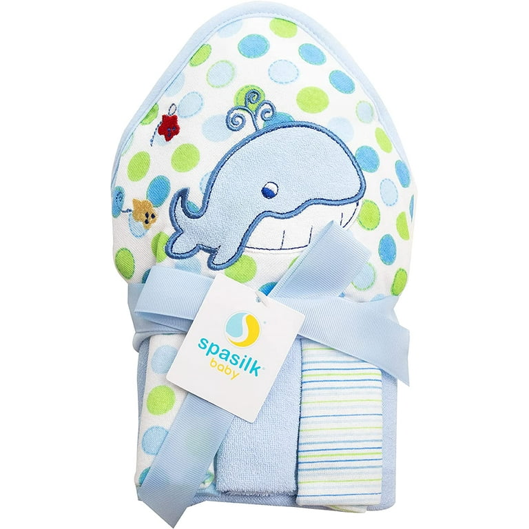 Spasilk Baby 1 Hooded Terry Towel 3 Washcloths Set for Baby Boys Blue Whale