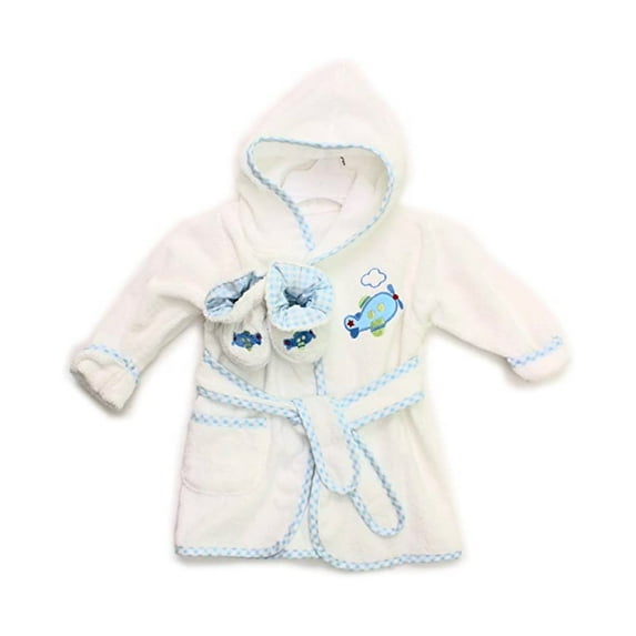 Spasilk Baby 100% Cotton Hooded Terry Bathrobe with Booties for Infant Boys, White Plane, 0-9 Months