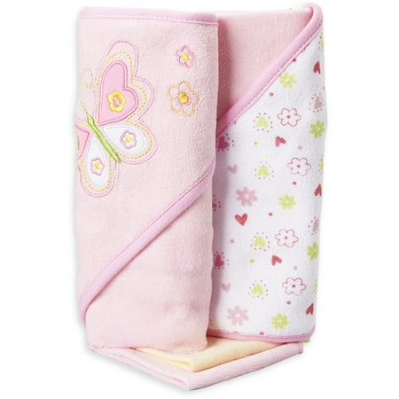 Spasilk Baby 2 Hooded Towels & 2 Washcloths Set for Newborns and Infants, Pink Butterfly
