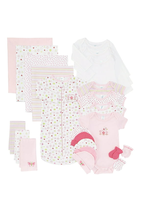 Baby 23 Piece Essential Basics Layette Clothing Set for Newborn and Infant Girls, Gift Baskets and Showers, Pink Flowers
