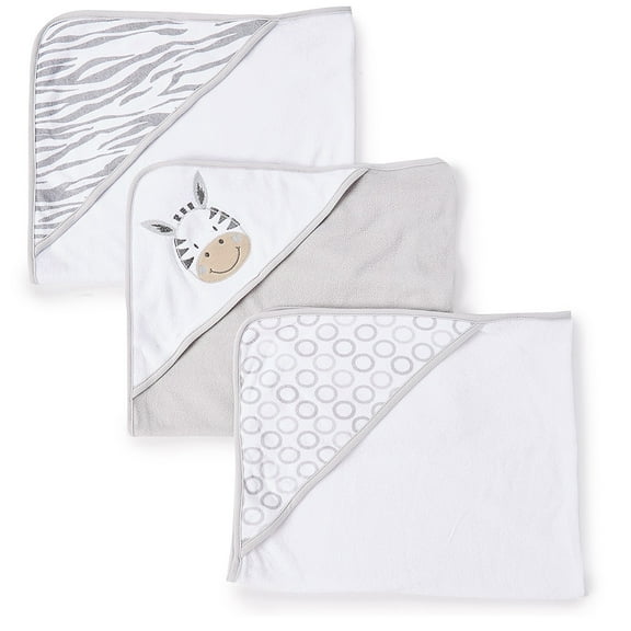 Spasilk Baby 3 Pack Soft Terry Hooded Towel Set for Newborn Boys and Girls, Gray Zebra