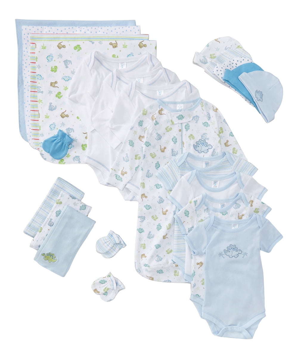 Spasilk Baby Basics Clothing Set Gift Baskets and Showers, Blue Dinosaurs, Newborn, 23-Piece