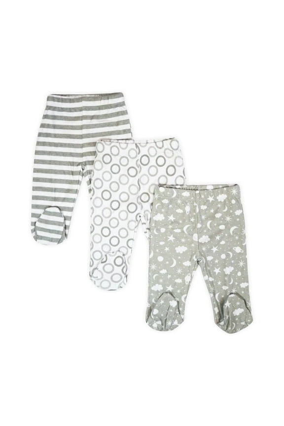 Baby Boys' Cotton Pull on Footed Pants, Pack of 3, Gray Celestial