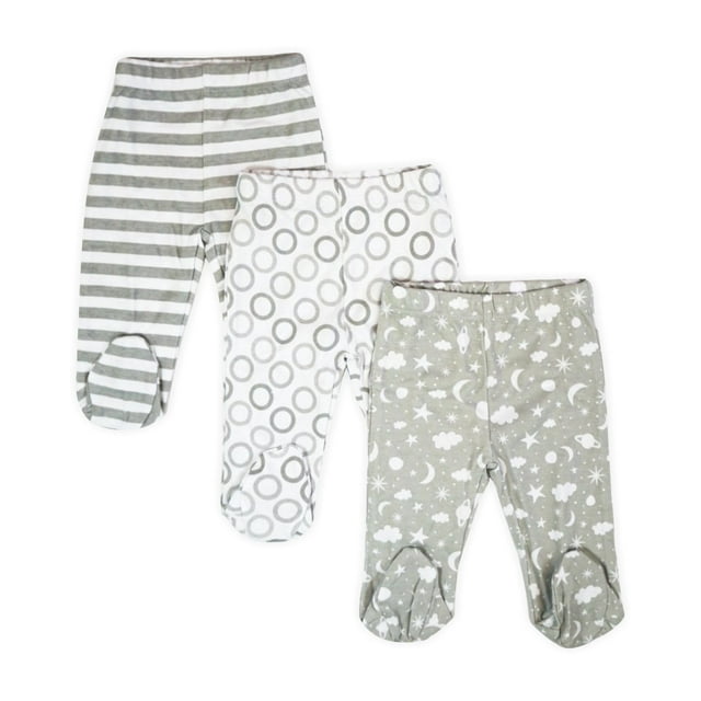 Spasilk Baby Boys' Cotton Pull on Footed Pants, Pack of 3, Gray Celestial