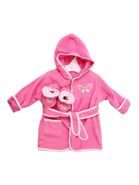 Baby Cotton Terry Hooded Bathrobe with Booties, Shower Set, Pink Butterfly
