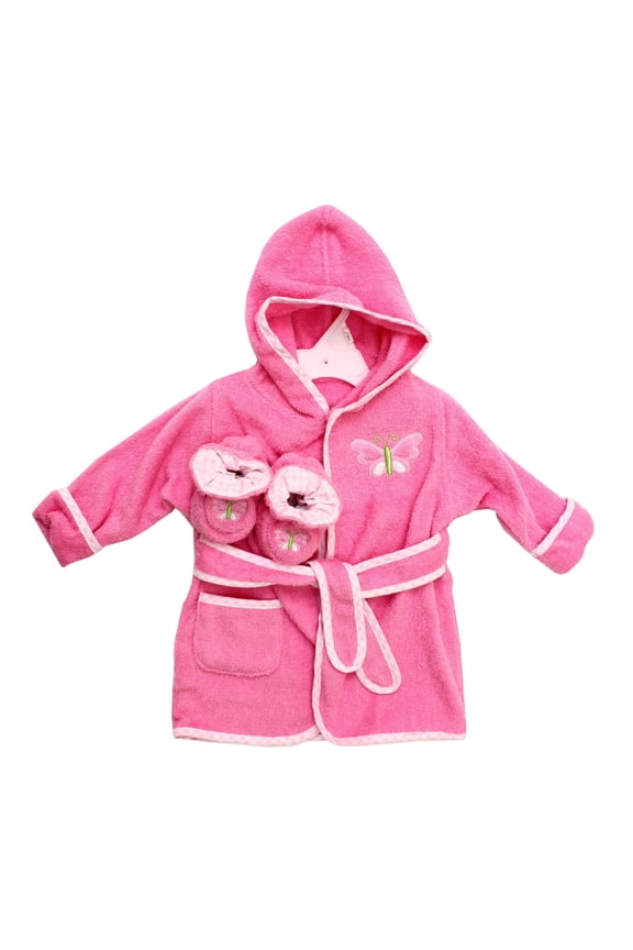 Baby Cotton Terry Hooded Bathrobe with Booties, Shower Set, Pink Butterfly