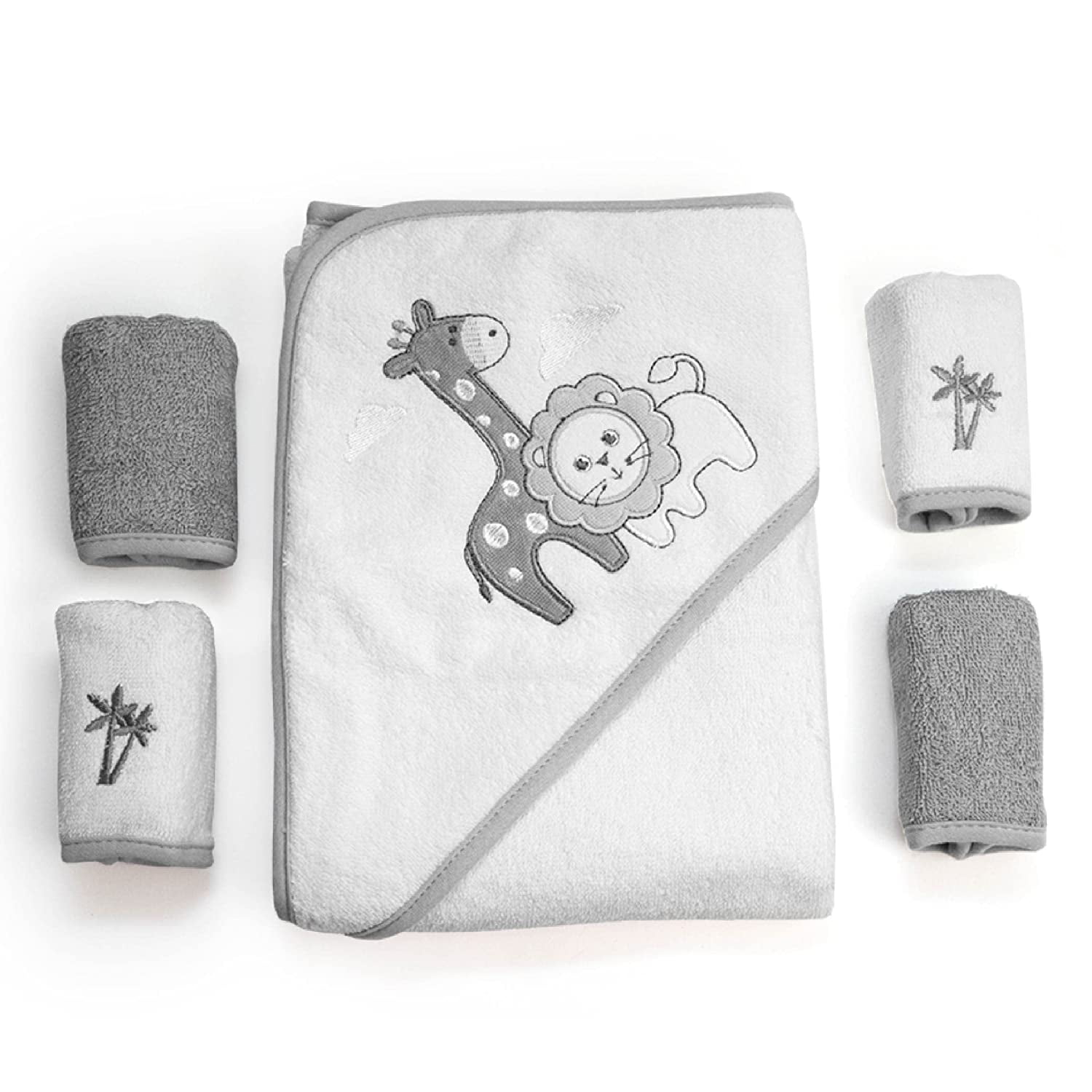Gray and White Cotton Hooded Baby Towel and Washcloth Set