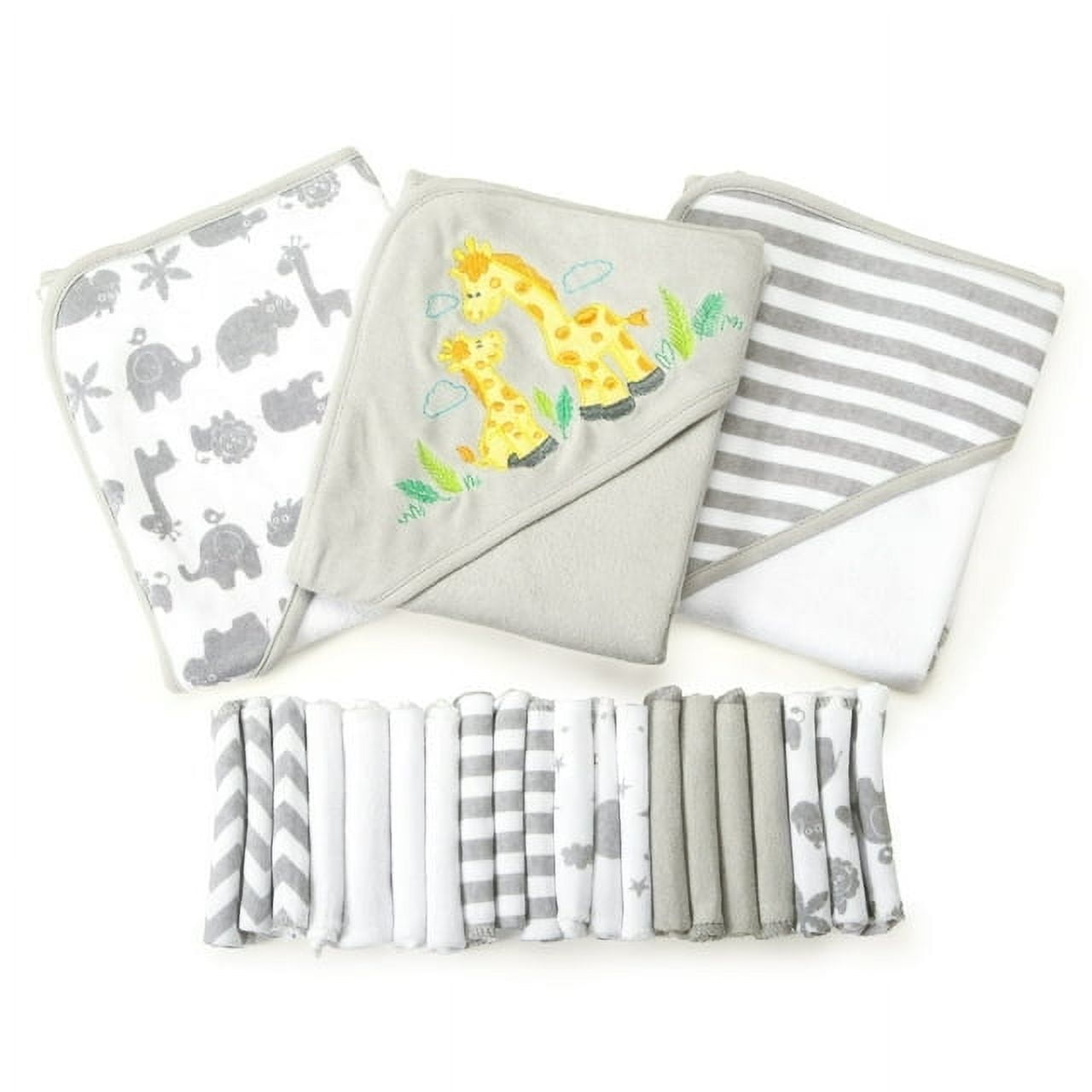 Gray and White Hooded Baby Towel and Washcloth Set
